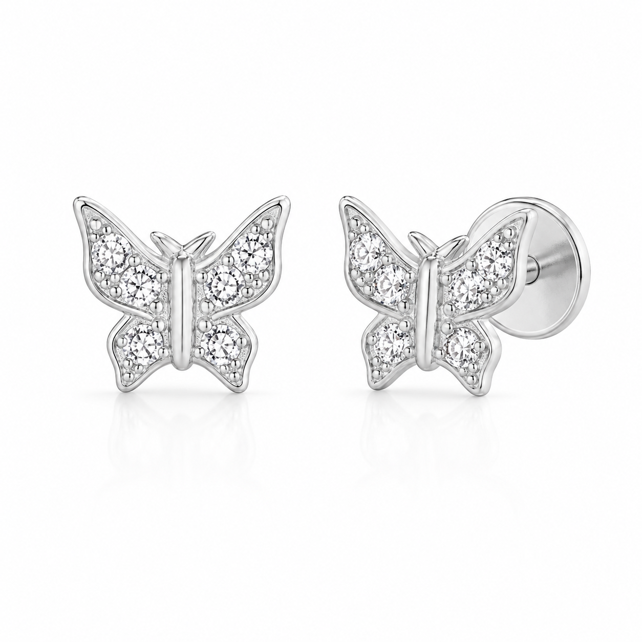 Sterling Silver CZ Dainty Butterfly Steel Flat Back Stud Earrings