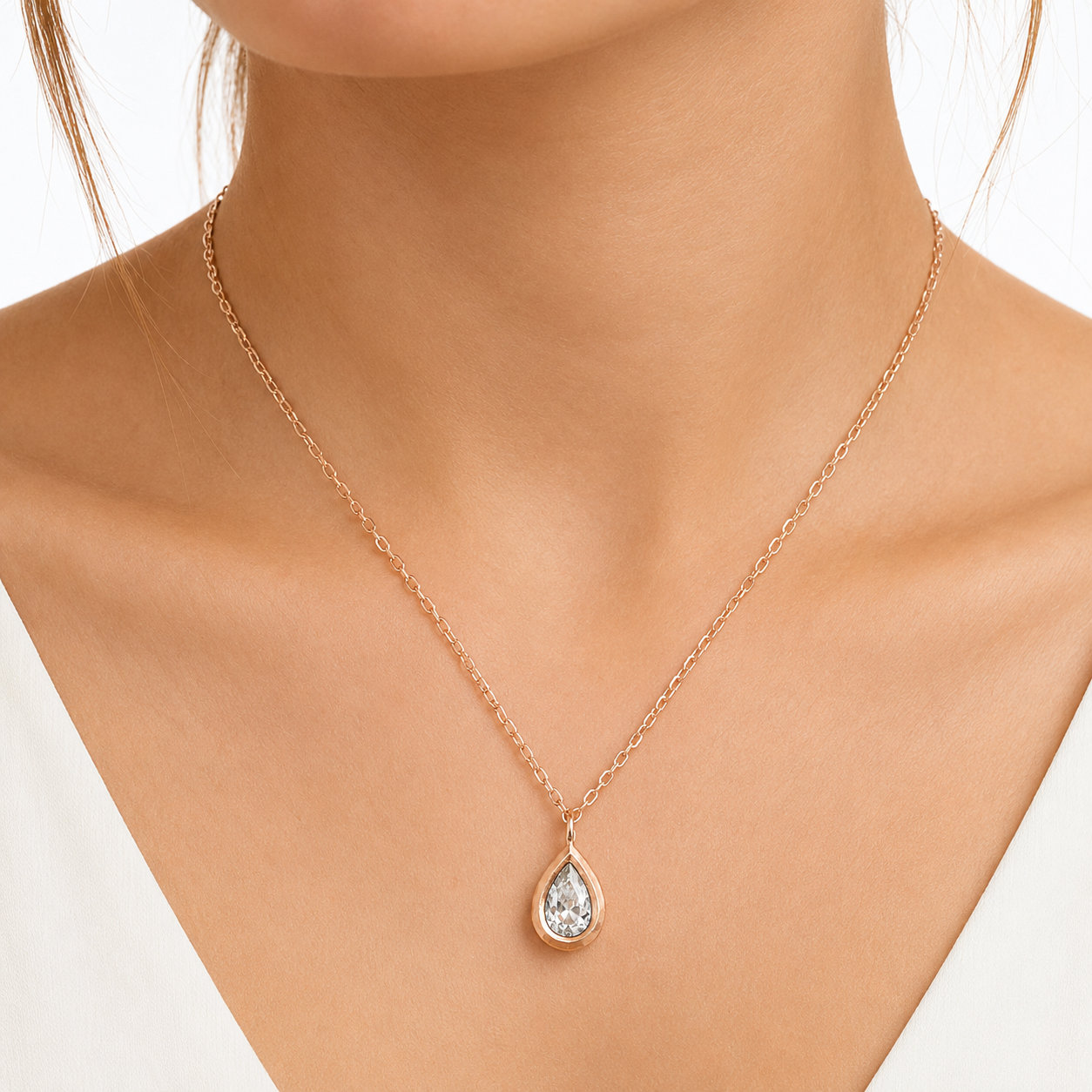 Sterling Silver Rose Gold Pear Cut CZ Bezel Drop Necklace