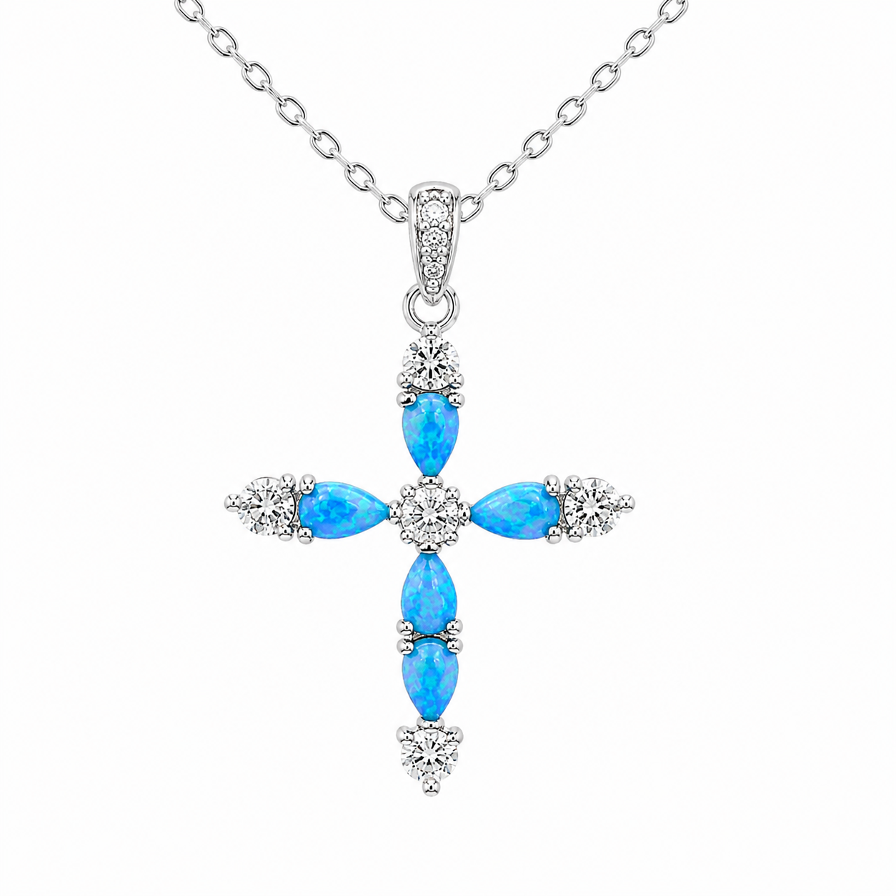 Sterling Silver Blue Opal CZ Cross Necklace