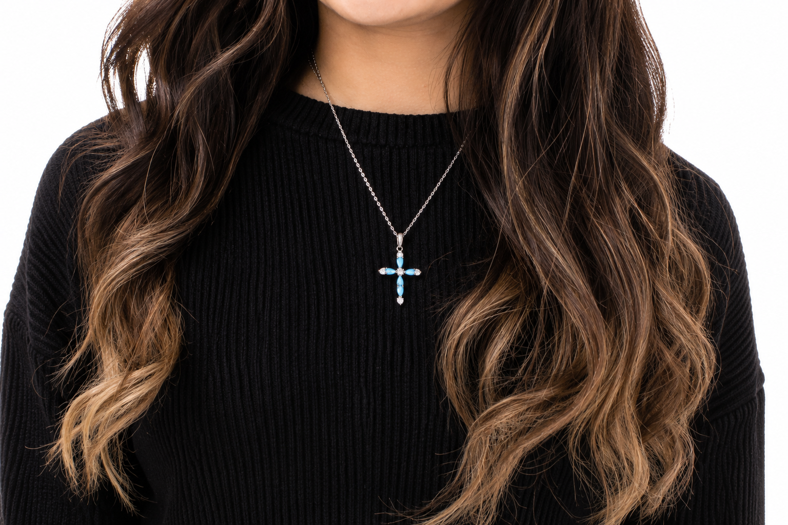 Sterling Silver Blue Opal CZ Cross Necklace