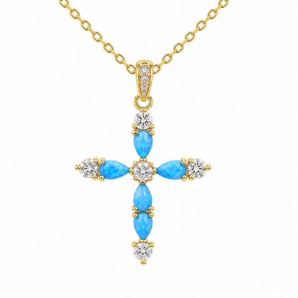 Sterling Silver Blue Opal CZ Cross Necklace