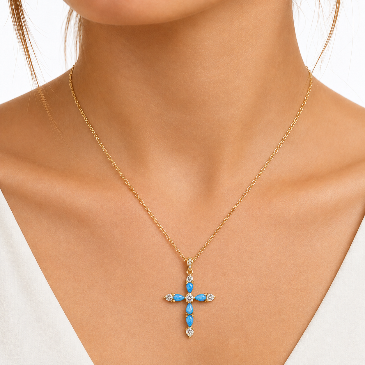 Sterling Silver Blue Opal CZ Cross Necklace