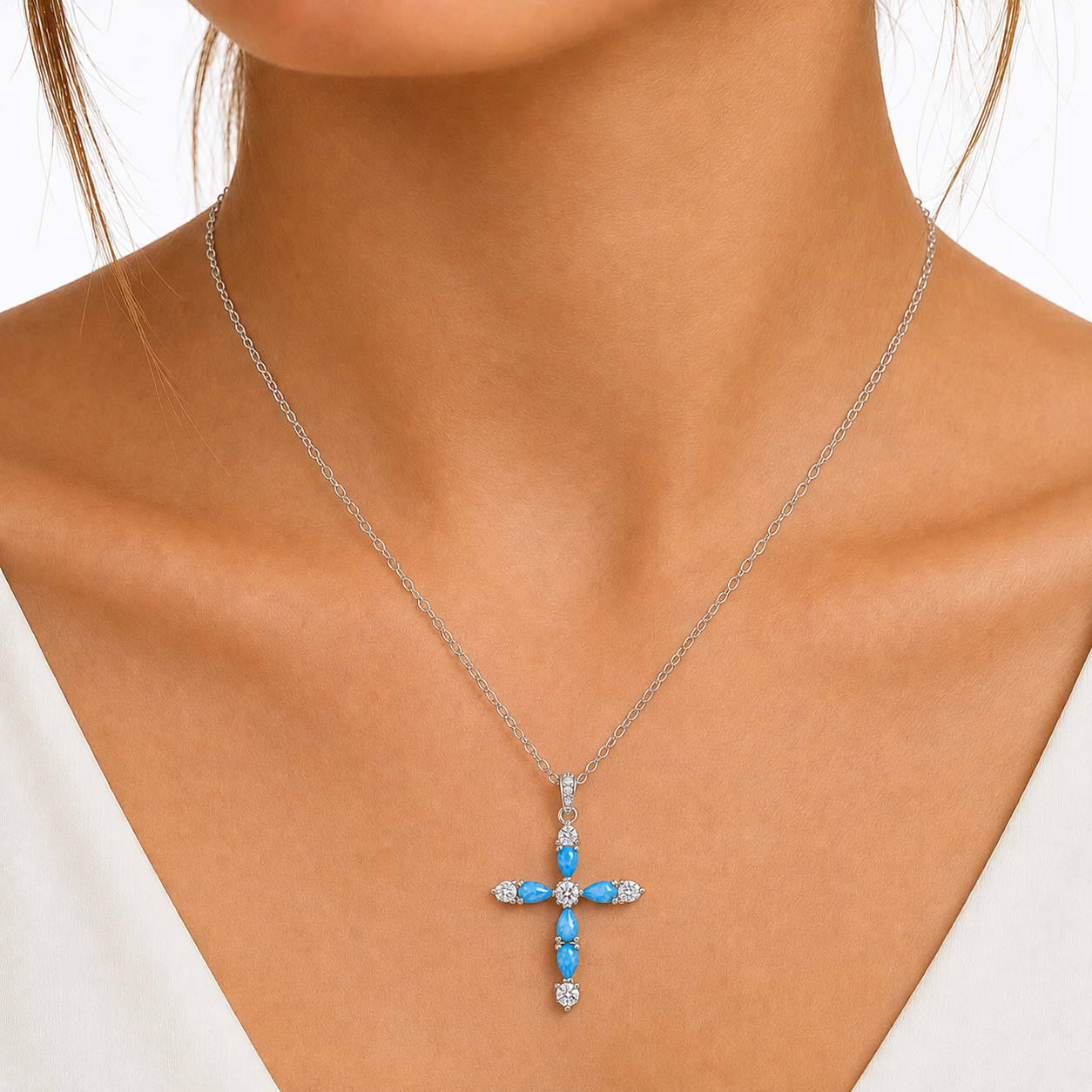 Sterling Silver Blue Opal CZ Cross Necklace