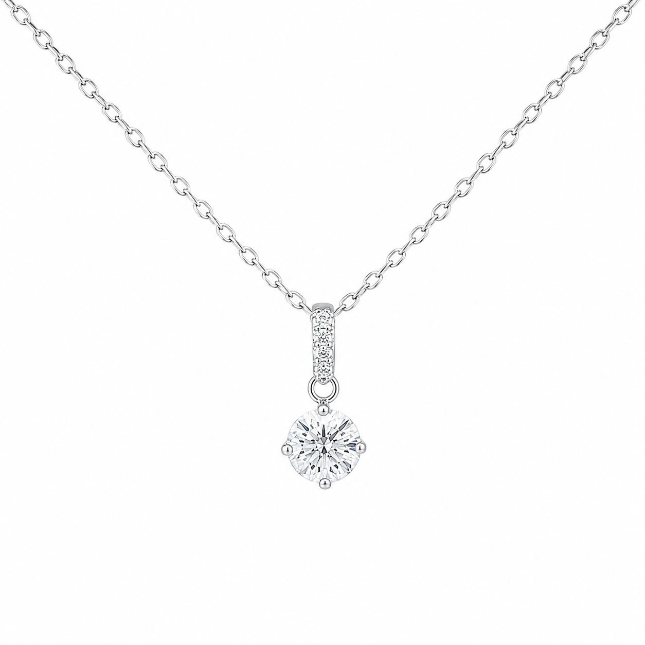 Sterling Silver Round Brilliant CZ Solitaire Drop Necklace