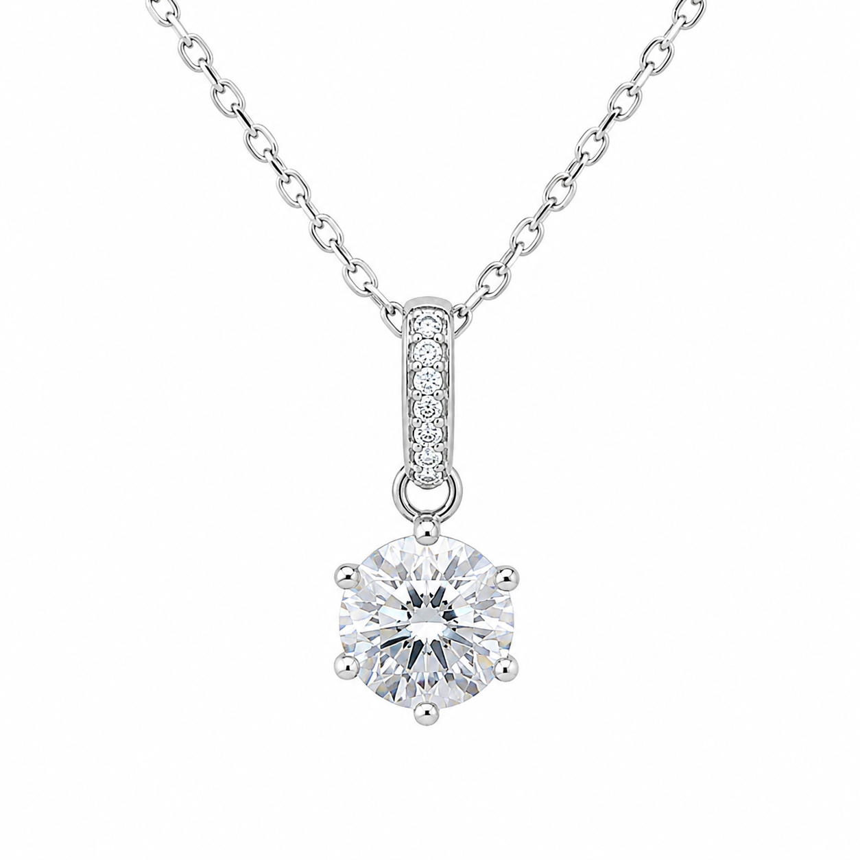 Sterling Silver Round Brilliant CZ Solitaire Drop Necklace