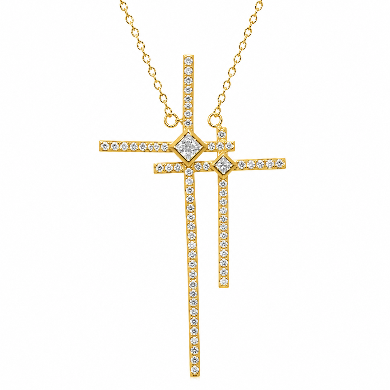 Sterling Silver Double Cross CZ Pendant Necklace