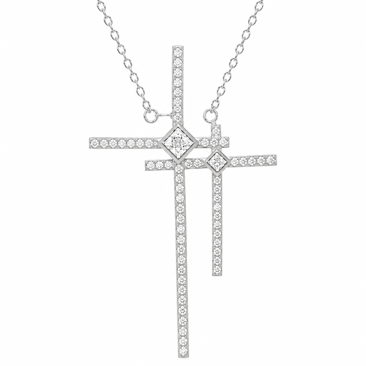 Sterling Silver Double Cross CZ Pendant Necklace