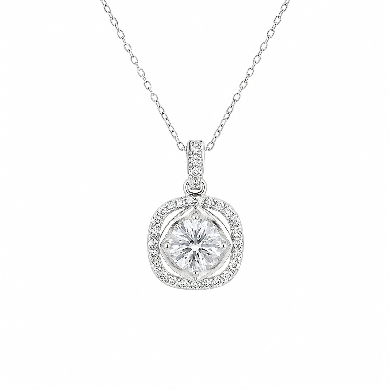 Sterling Silver Round Solitaire CZ Halo Pendant Necklace