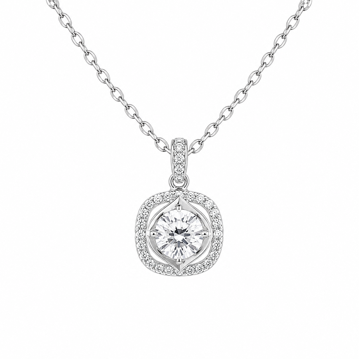 Sterling Silver Round Solitaire CZ Halo Pendant Necklace