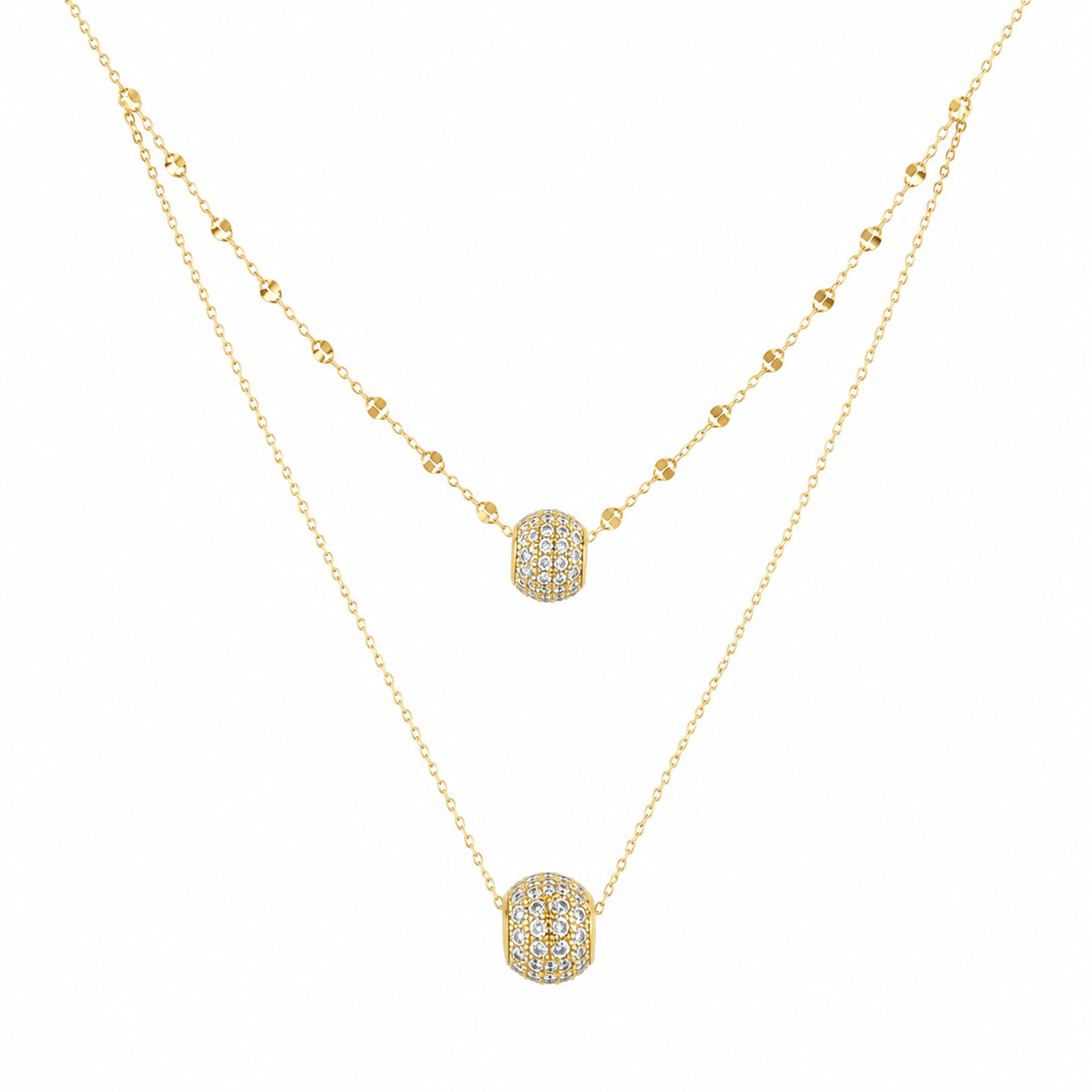 Sterling Silver Gold Plated CZ Ball Double Layer Necklace