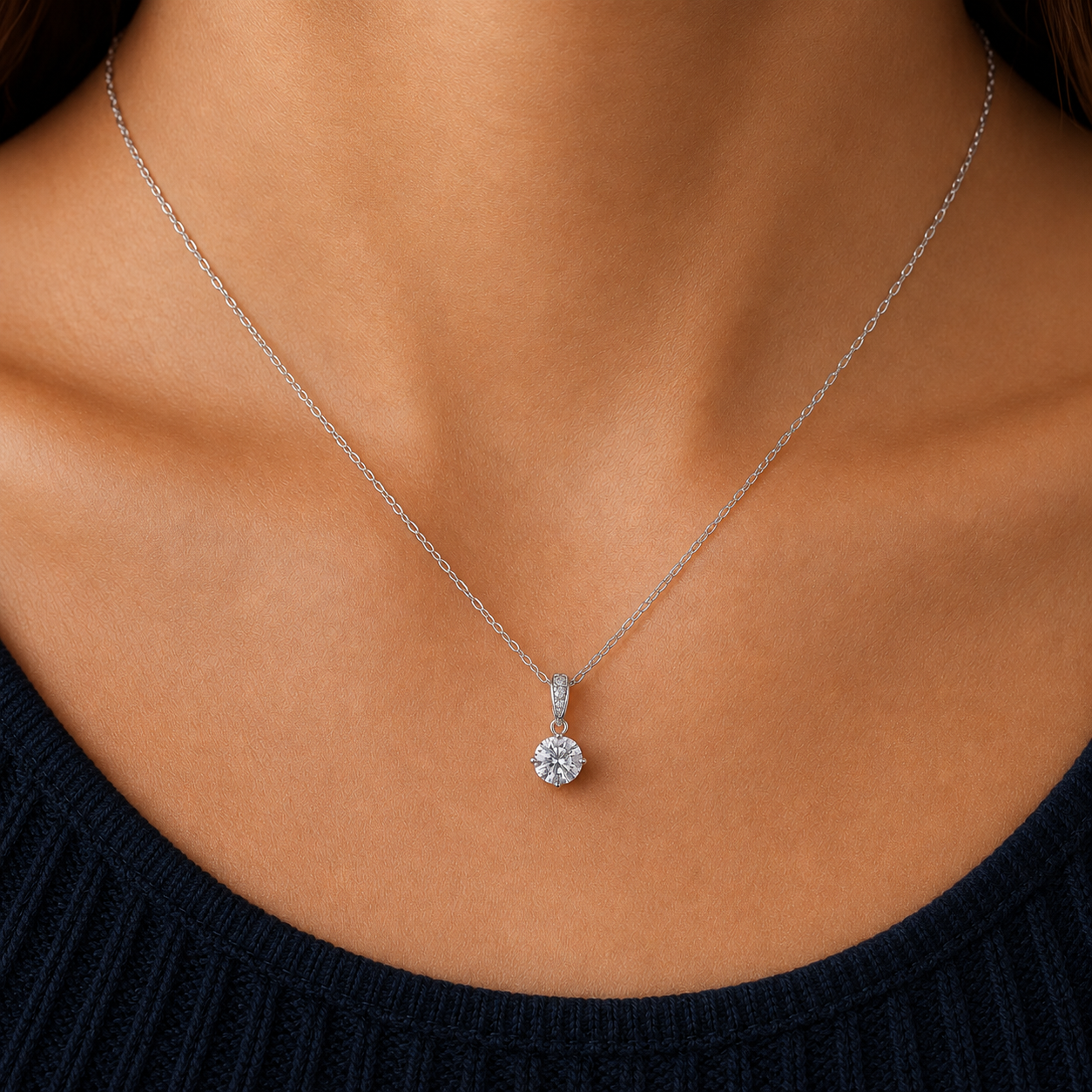 Sterling Silver Brilliant Round Solitaire Necklace