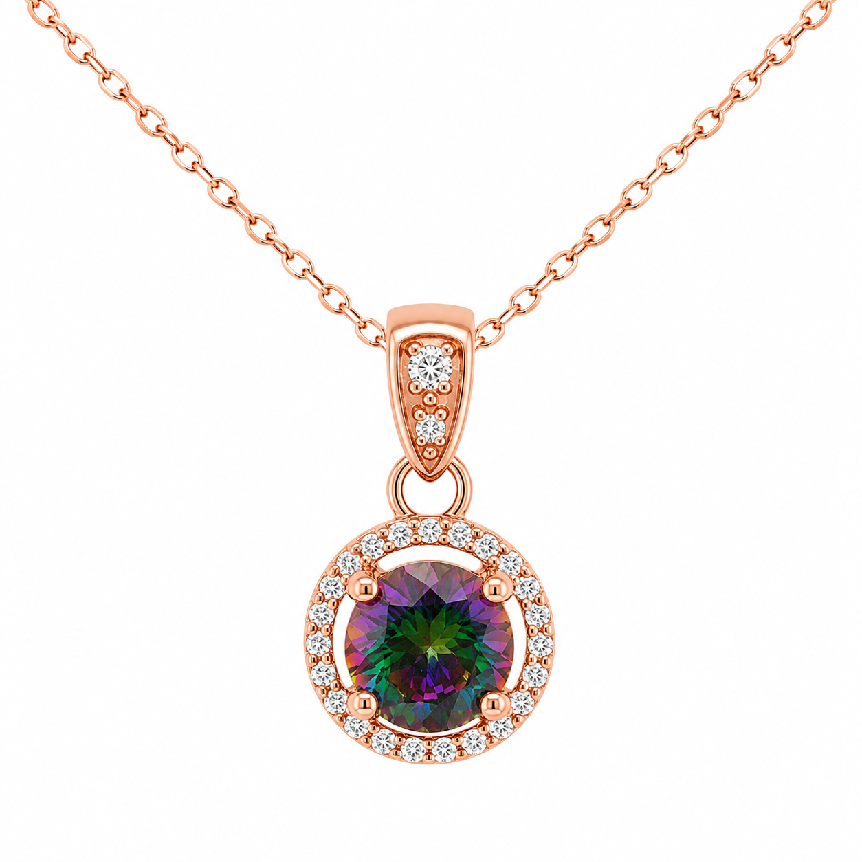 Sterling Silver Rose Gold Mystic Topaz CZ Halo Necklace