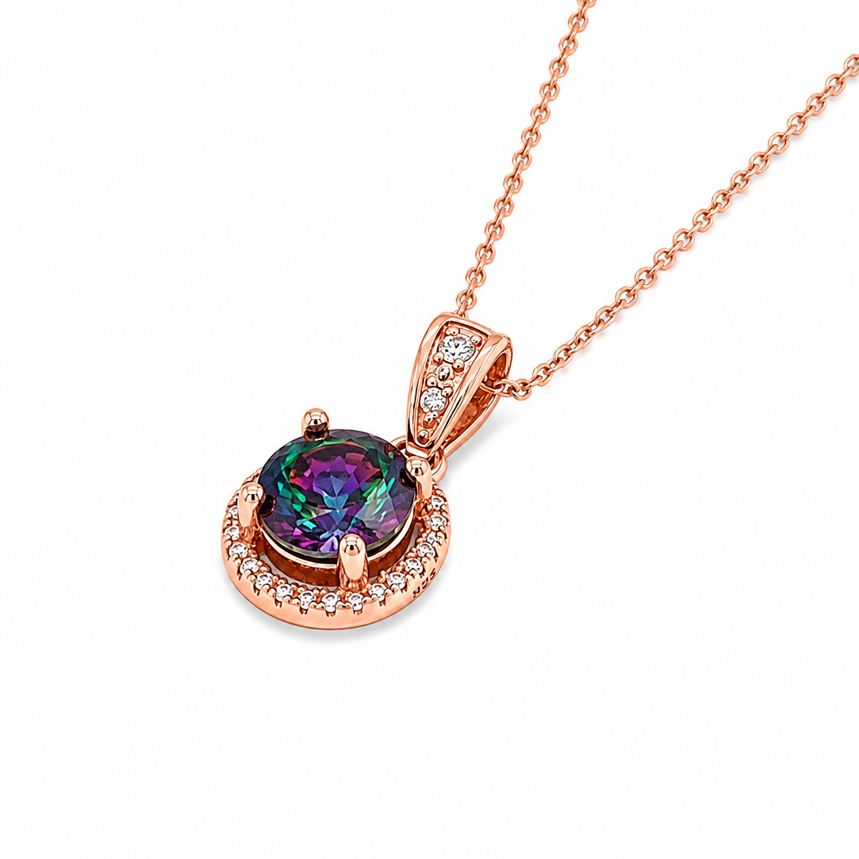 Sterling Silver Rose Gold Mystic Topaz CZ Halo Necklace
