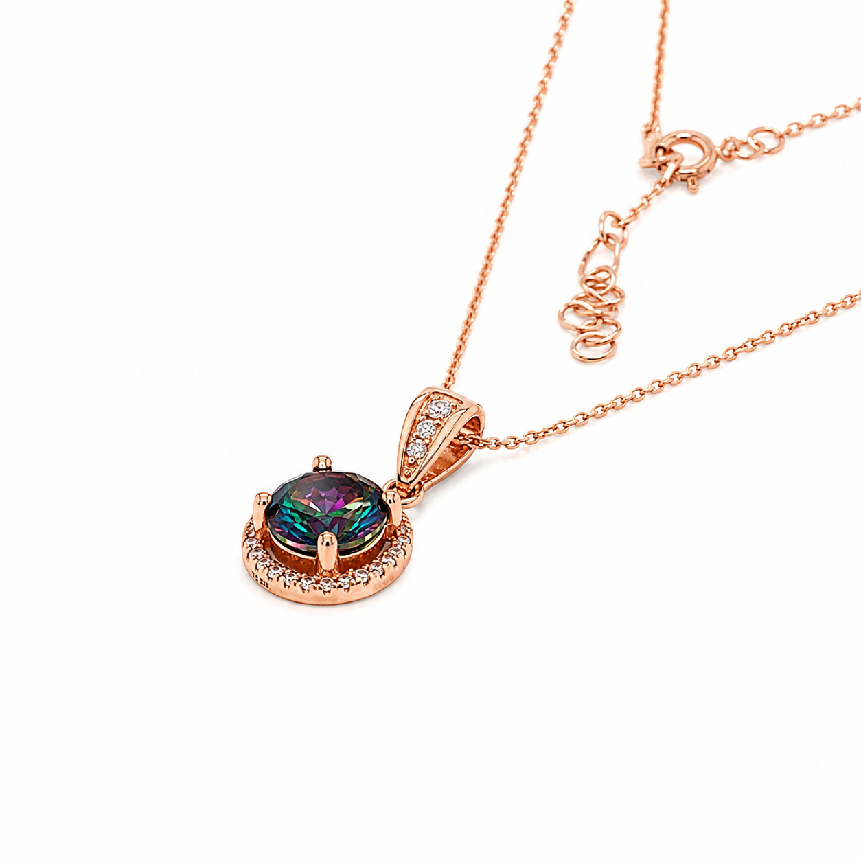 Sterling Silver Rose Gold Mystic Topaz CZ Halo Necklace