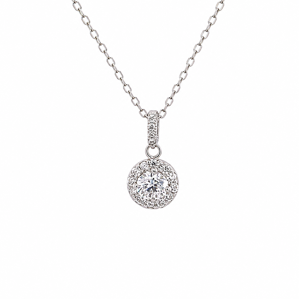 Sterling Silver Round Brilliant Halo Pendant Necklace