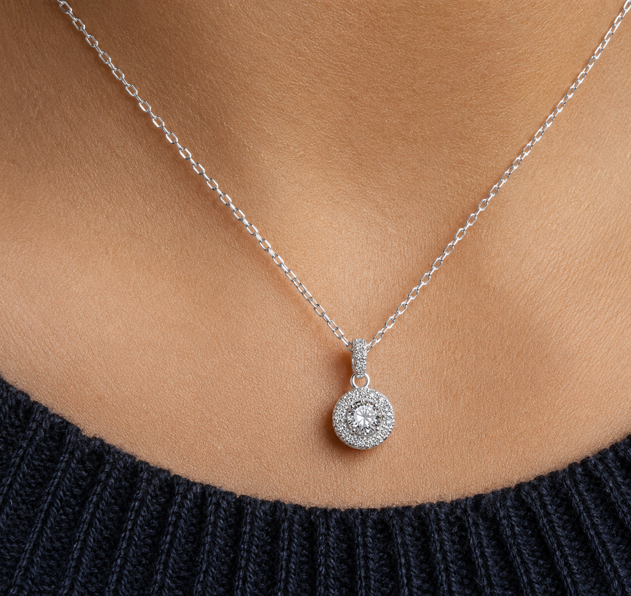 Sterling Silver Round Brilliant Halo Pendant Necklace