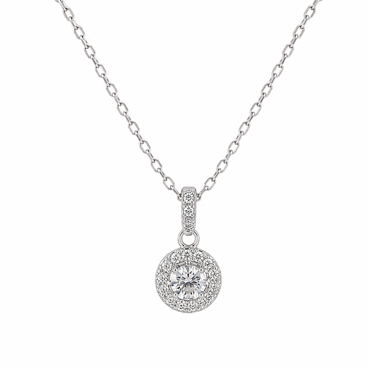 Sterling Silver Round Brilliant Halo Pendant Necklace