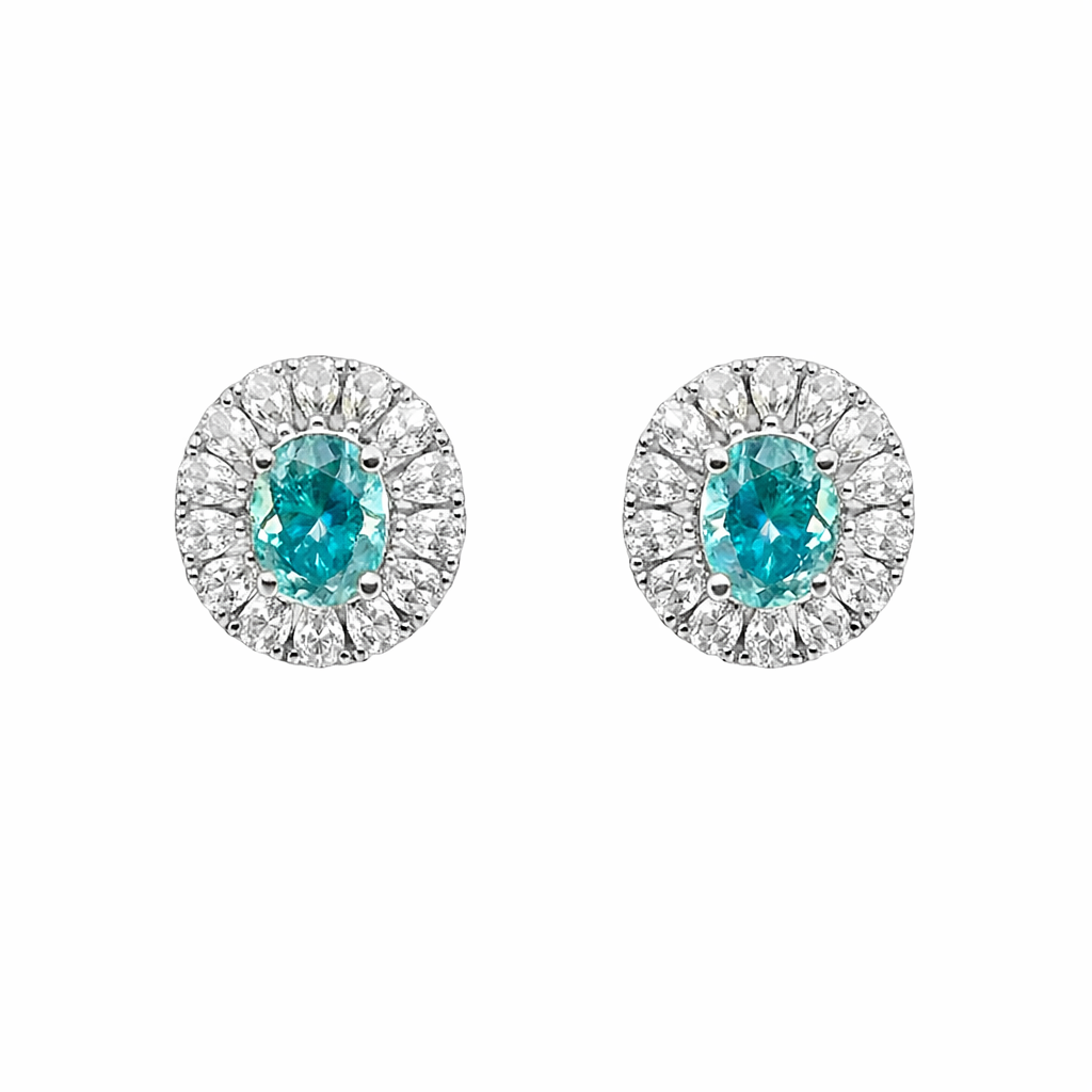 Sterling Silver 5.78 CTW Moissanite Blue Oval Clear Halo Post Earrings