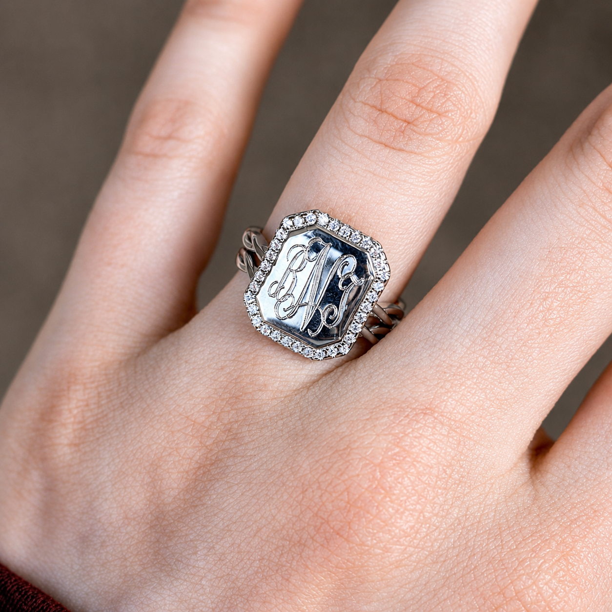Sterling Silver Engravable Soft CZ Rectangle Engravable Plain Rope Stackable Ring