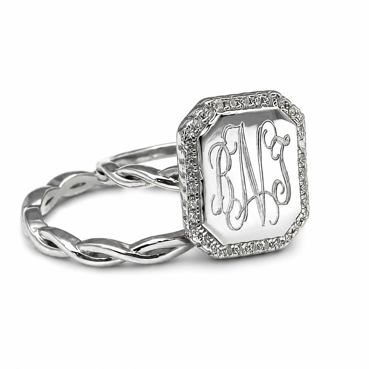 Sterling Silver Engravable Soft CZ Rectangle Engravable Plain Rope Stackable Ring