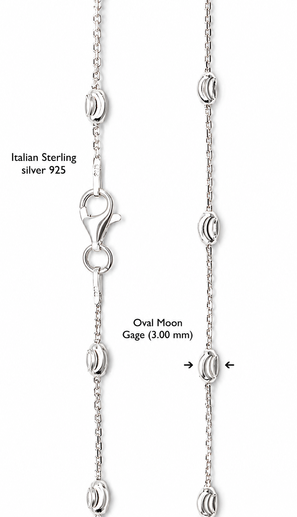 Sterling Silver 3MM Station Oval Mooncut Bead Chain (Bracelet/Anklet)