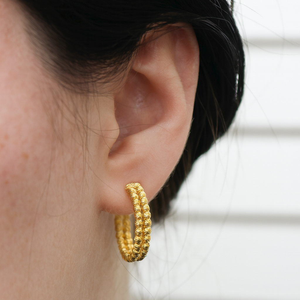 Sterling Silver Round Diamond Cut Bead Double Row Post Hoop Earrings