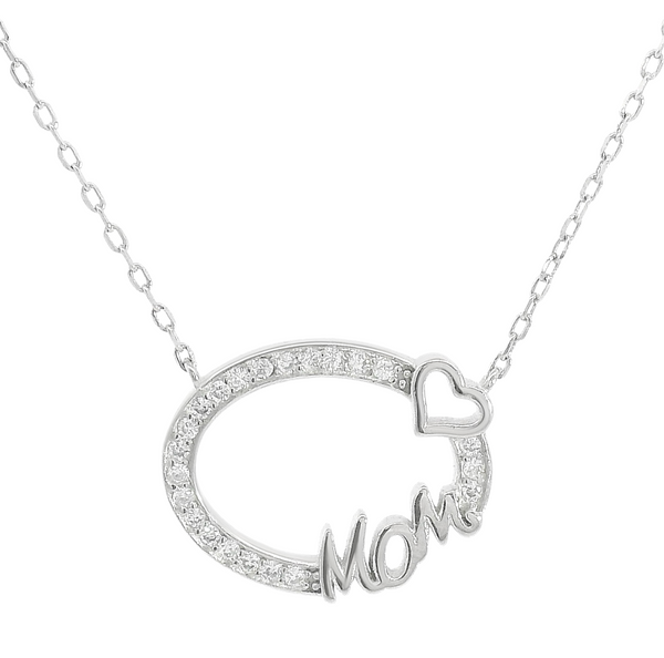 Sterling Silver Hollow CZ Oval W/ "MOM" & Heart Necklace
