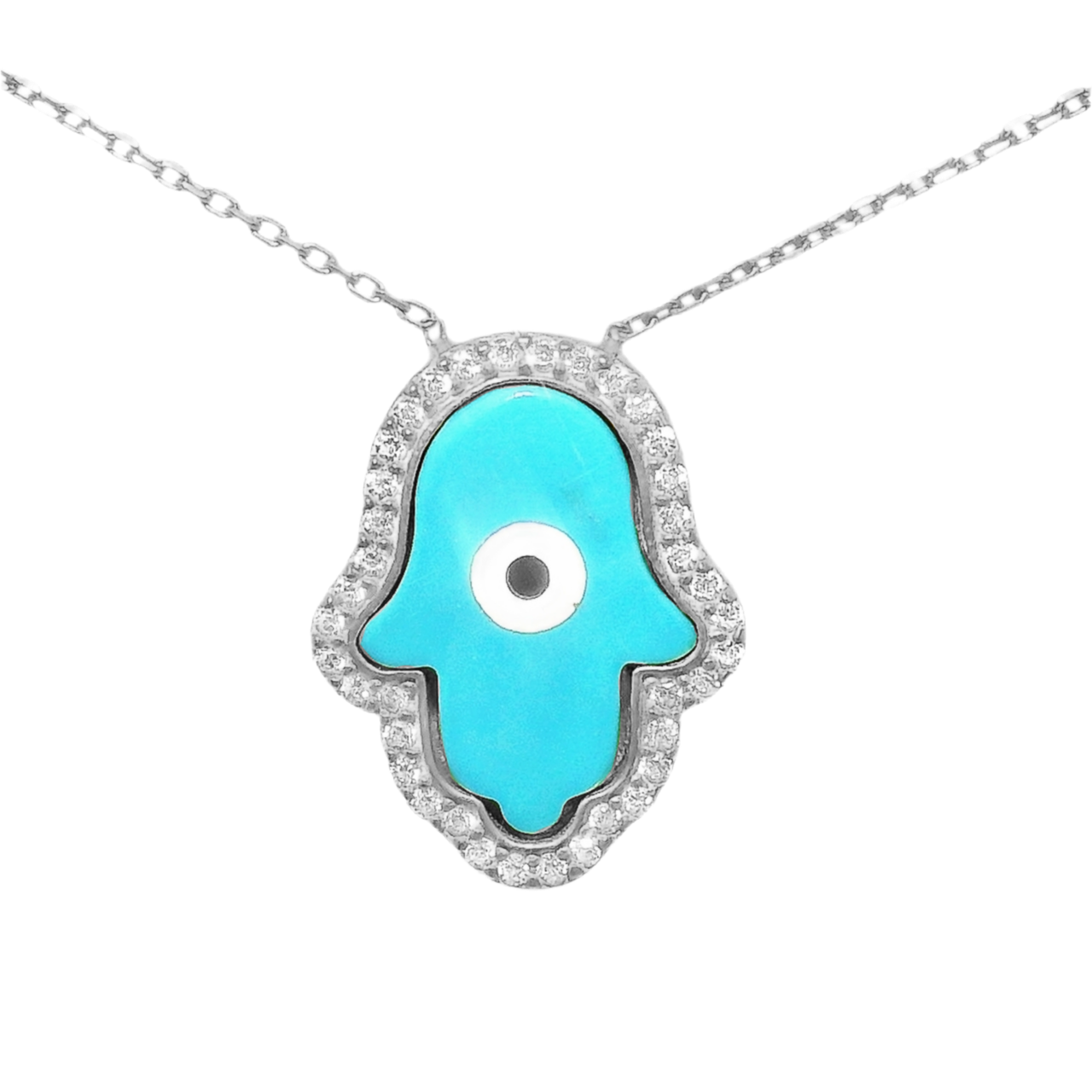 Sterling Silver Turquoise Enamel Evil Eye Hamsa Hand CZ Border Necklace