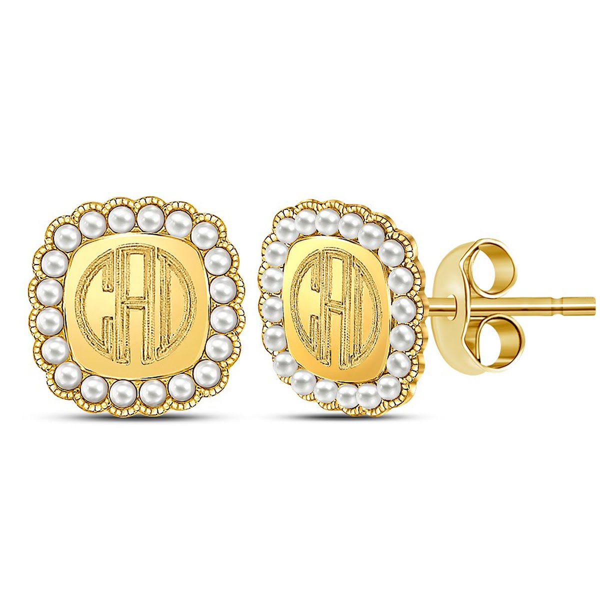 Sterling Silver Square Engravable Pearl Edged Stud Earrings