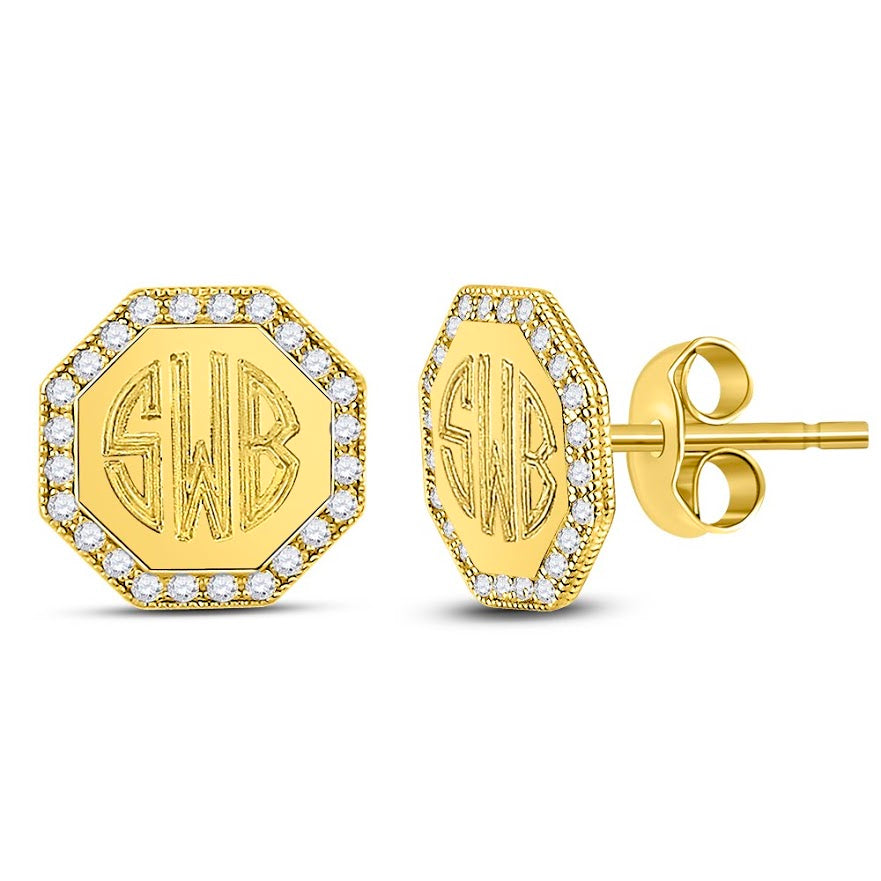 Elegant Engravable Sterling Silver Octagon Shaped CZ Stud Earrings