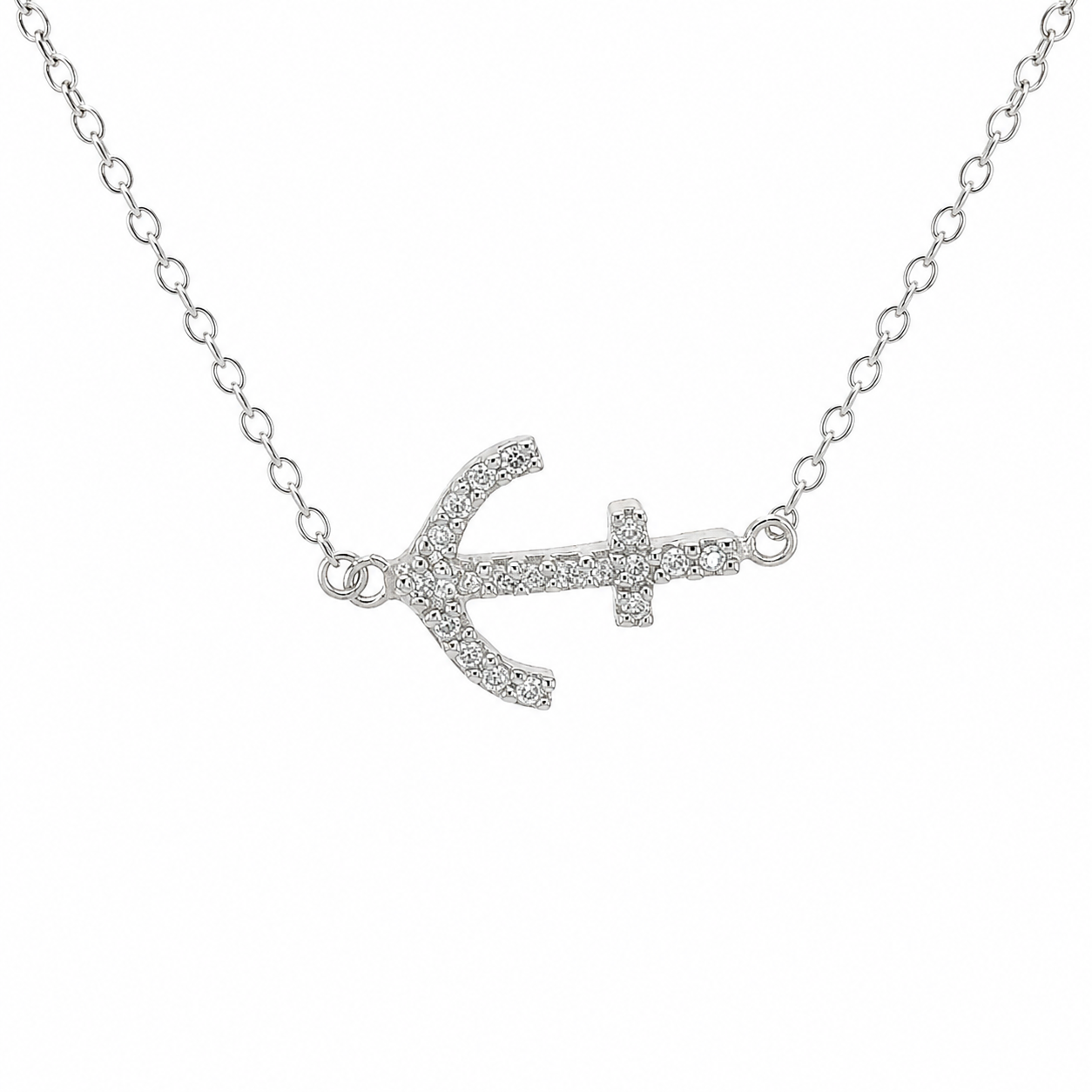 An Elegant Sterling Silver 0.5 X 0.4 Anchor Necklace With Mounted Cz Stones And An Extension