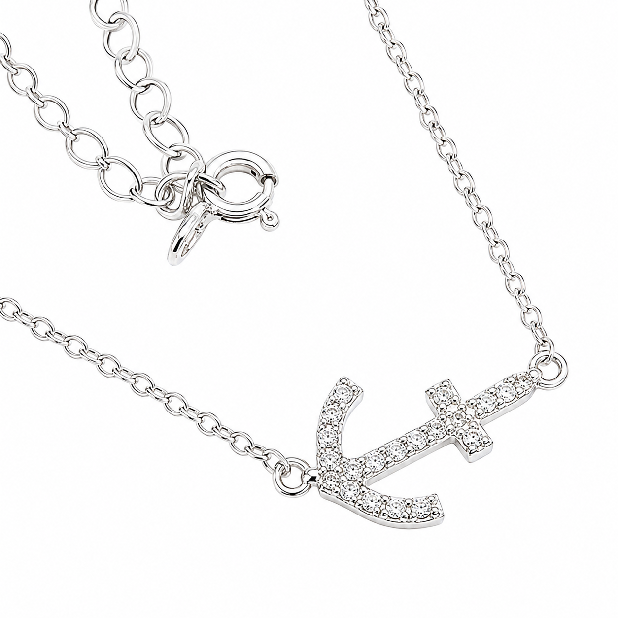 An Elegant Sterling Silver 0.5 X 0.4 Anchor Necklace With Mounted Cz Stones And An Extension