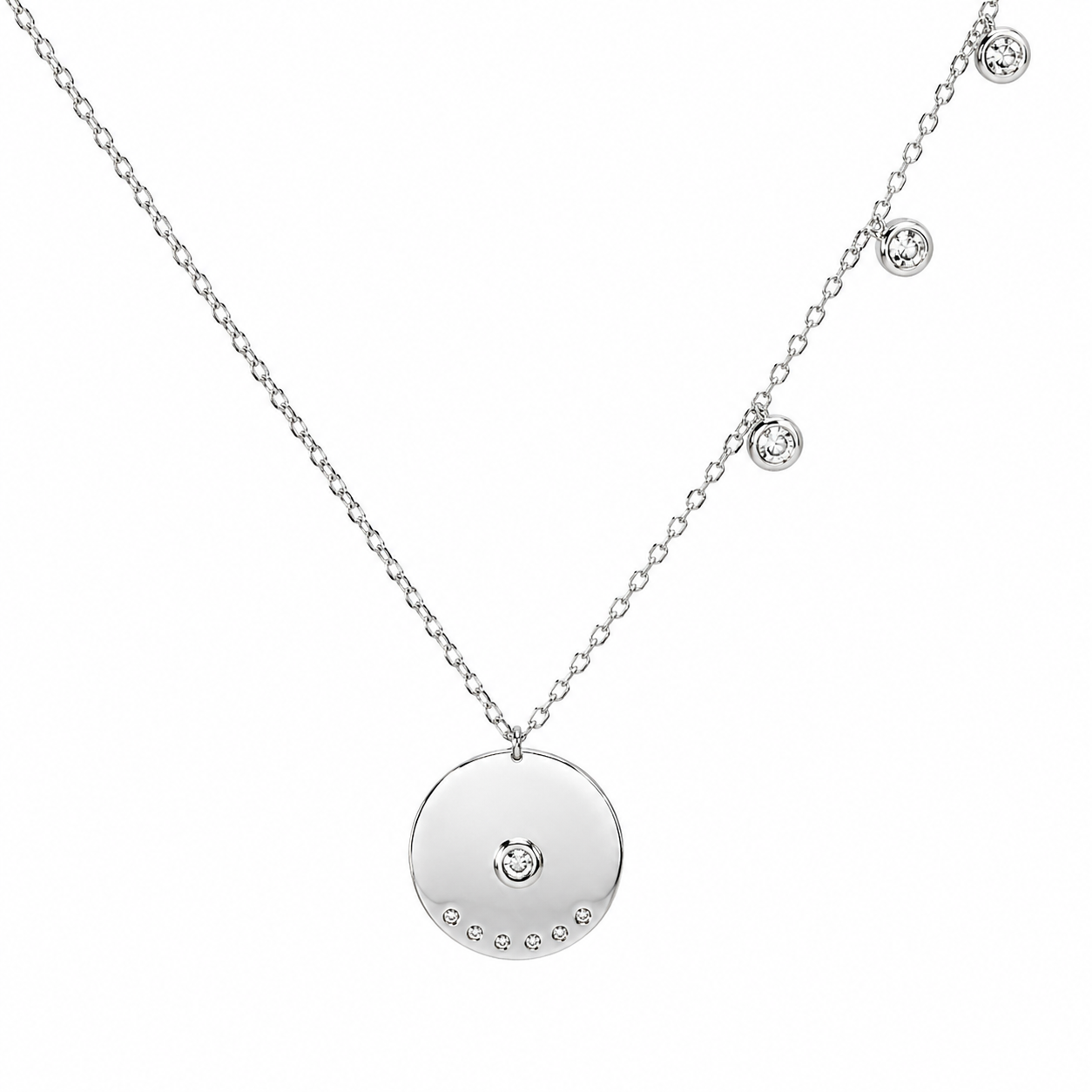Sterling Silver Round Disc CZ Station Necklaces