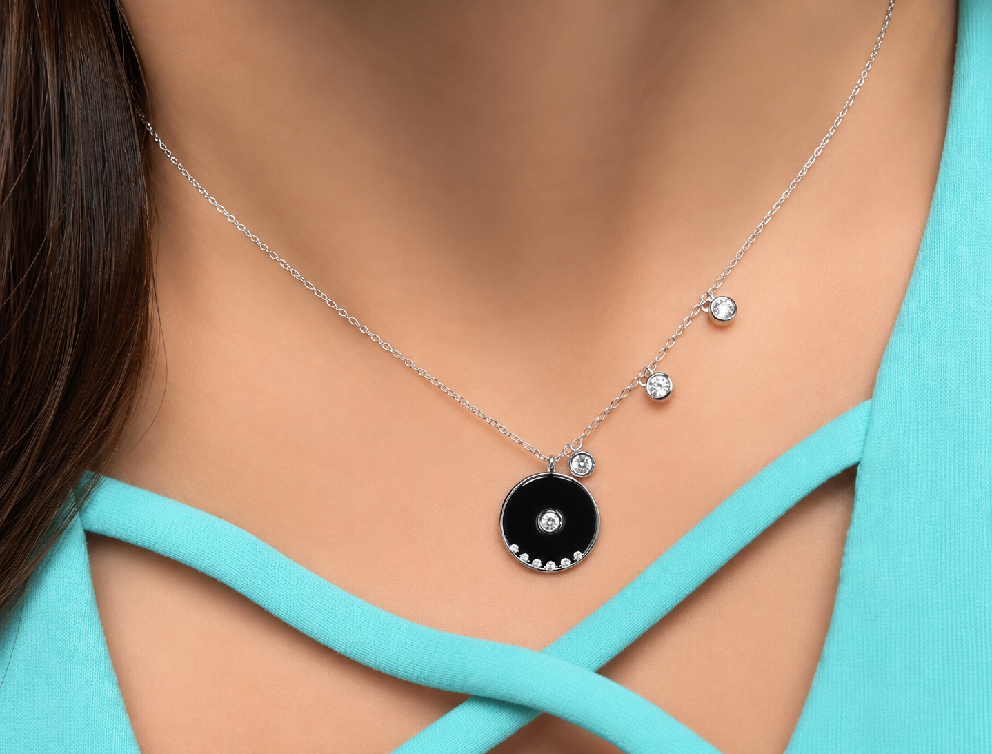 Sterling Silver Round Disc CZ Station Necklaces