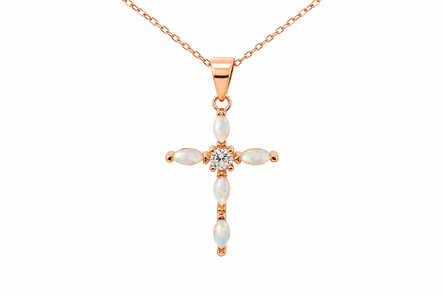Sterling Silver Rose Gold Small Opal Cross w/ CZ Center