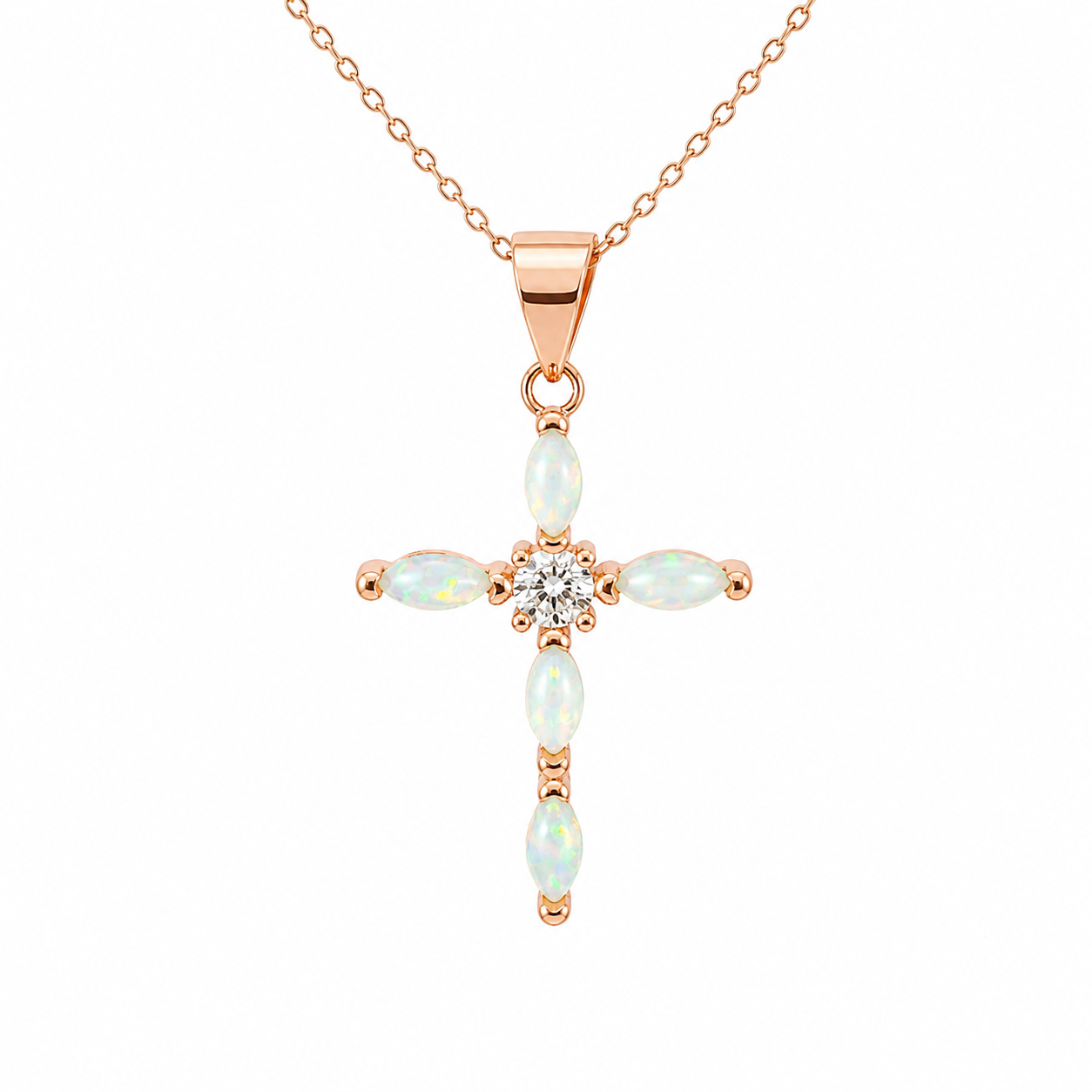 Sterling Silver Rose Gold Small Opal Cross w/ CZ Center