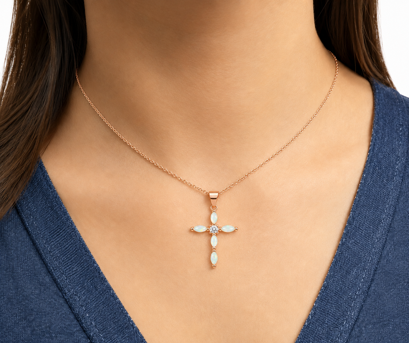 Sterling Silver Rose Gold Small Opal Cross w/ CZ Center