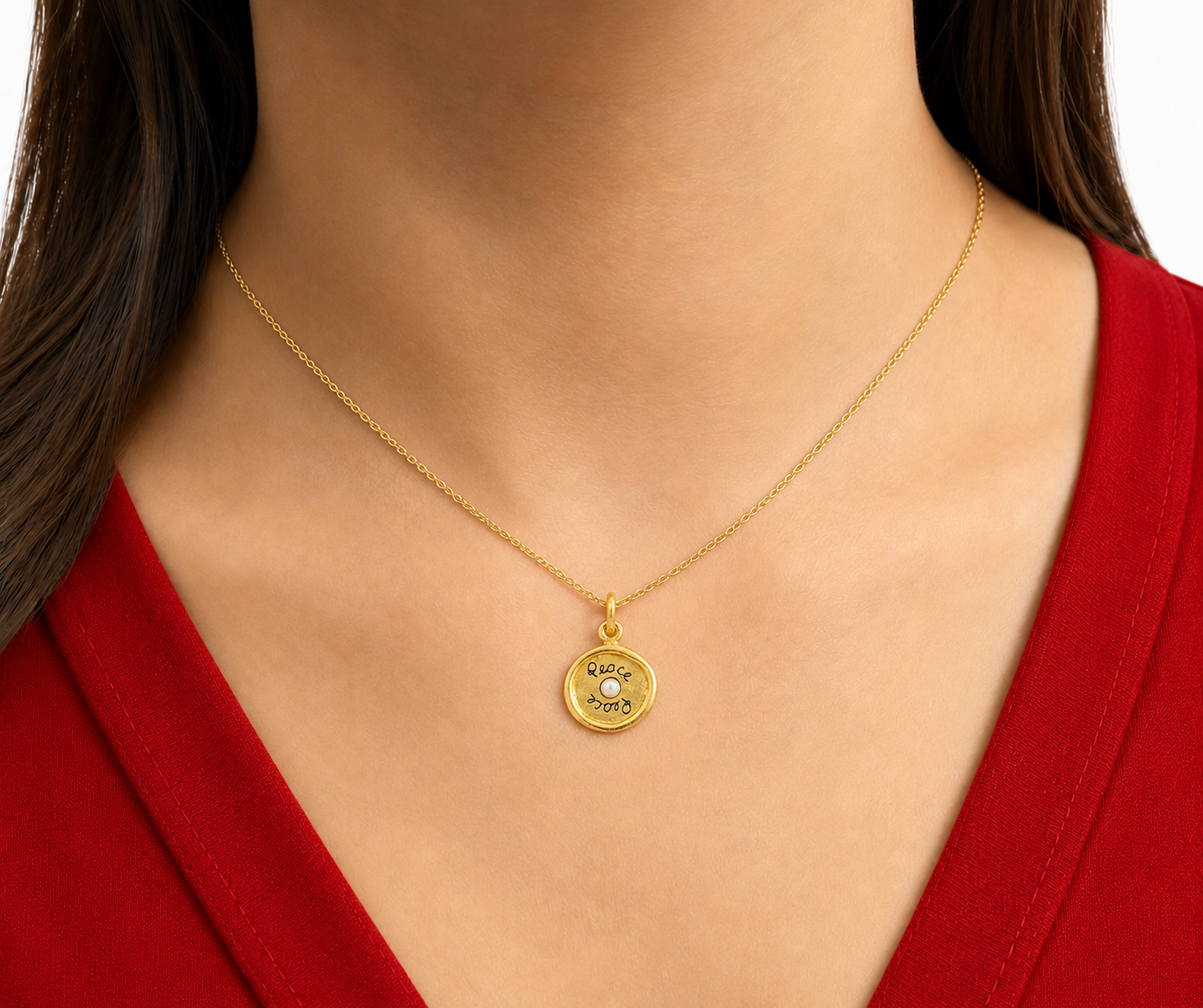 Sterling Silver Round "Peace" W/ Pearl Center Necklace
