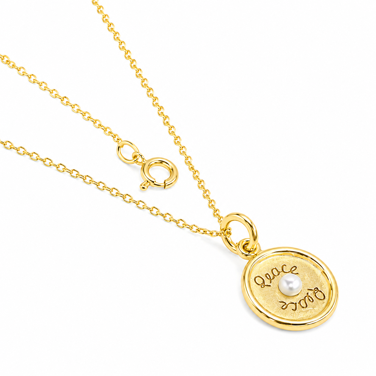 Sterling Silver Round "Peace" W/ Pearl Center Necklace