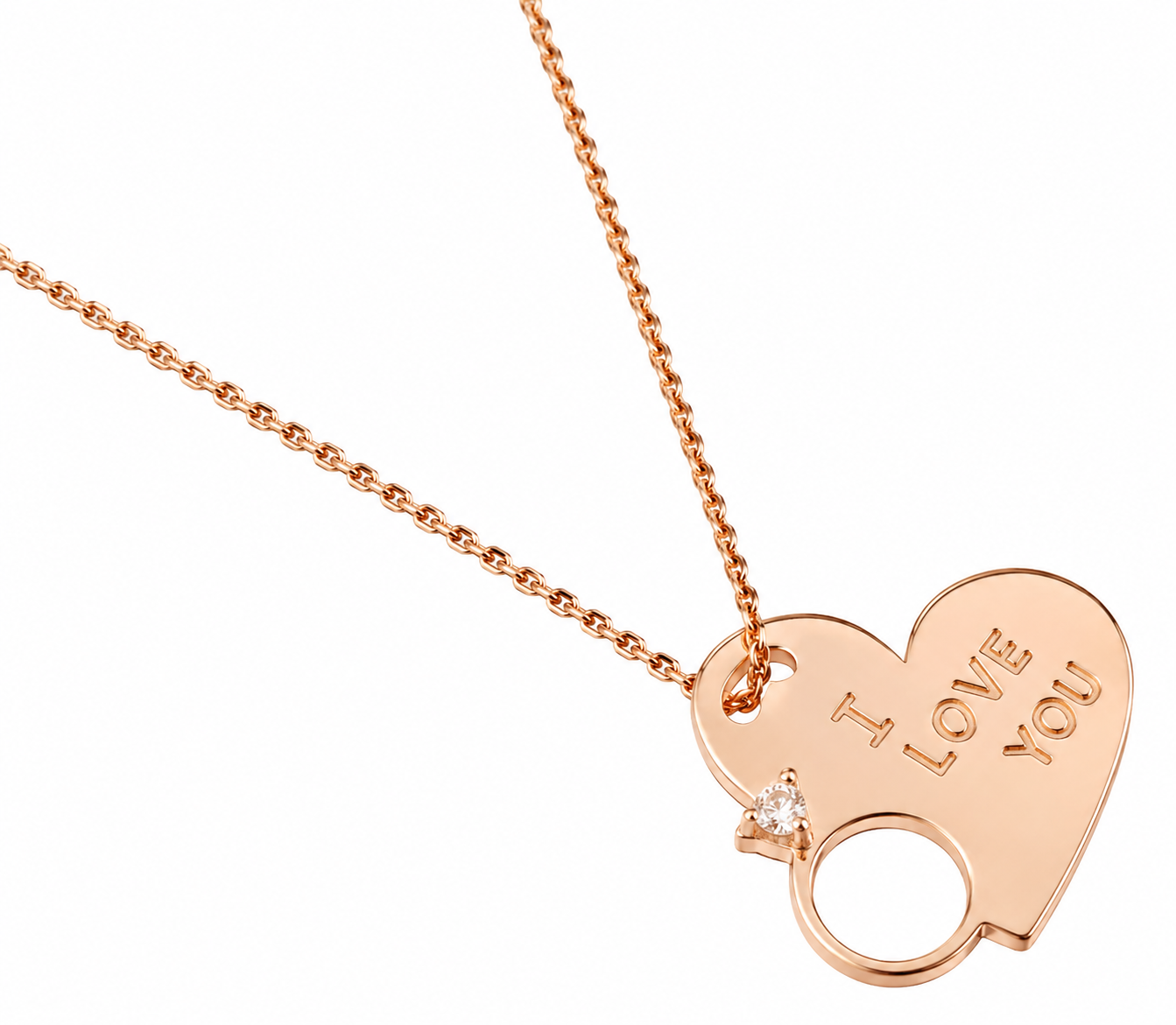 An Elegant Sterling Silver Rose Gold Heart Necklace With "I Love You" With An Diamond Ring Design And A Mounted Cz Stone