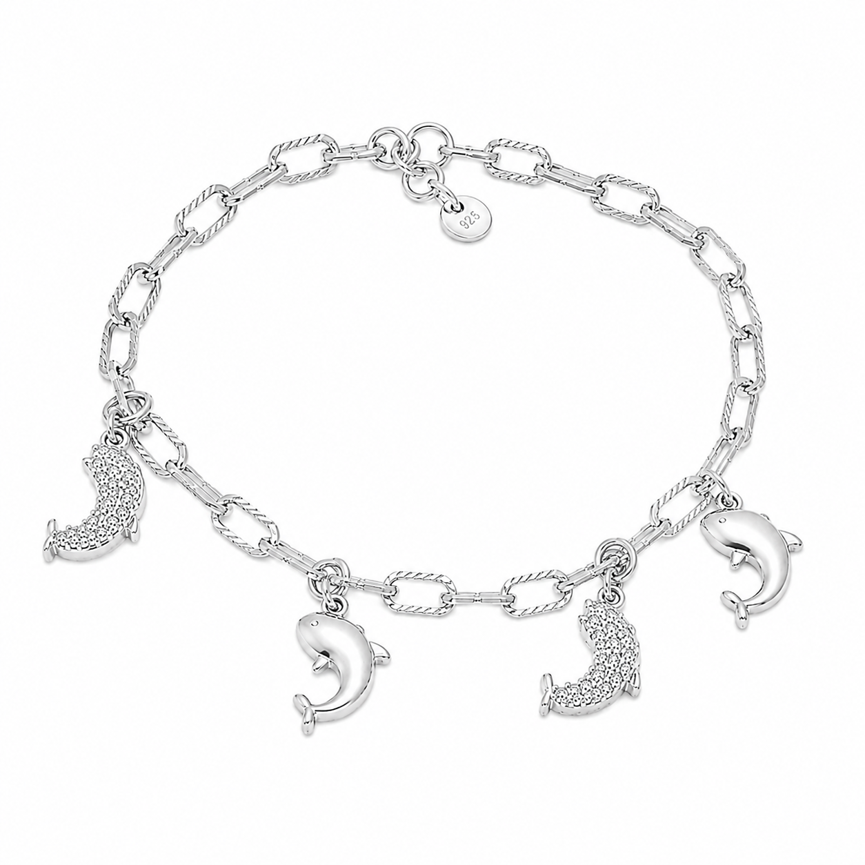 Sterling Silver CZ Dolphin Station Paperclip Charm Bracelet (7"+1")