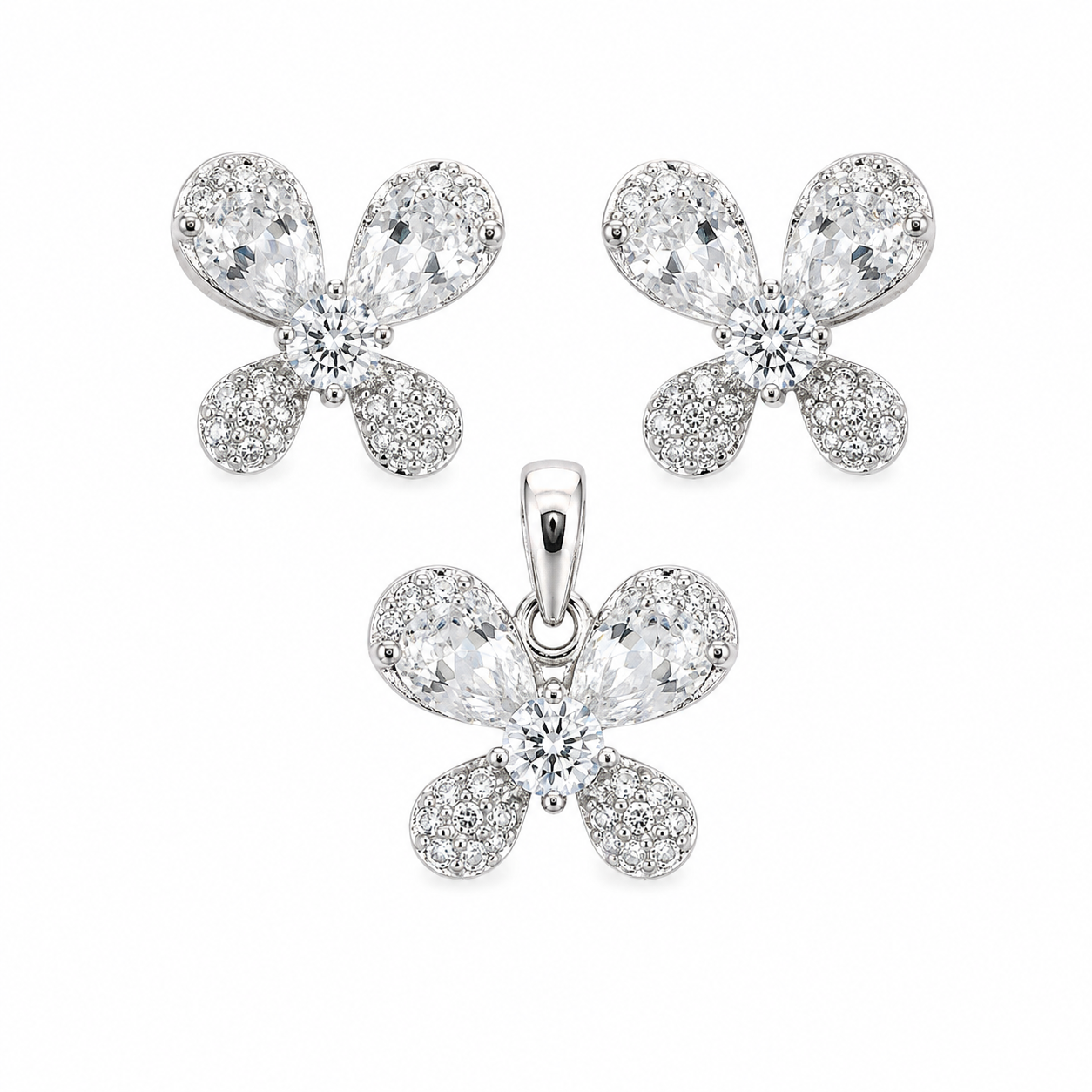 Sterling Silver CZ Butterfly Pendant & Earrings Set