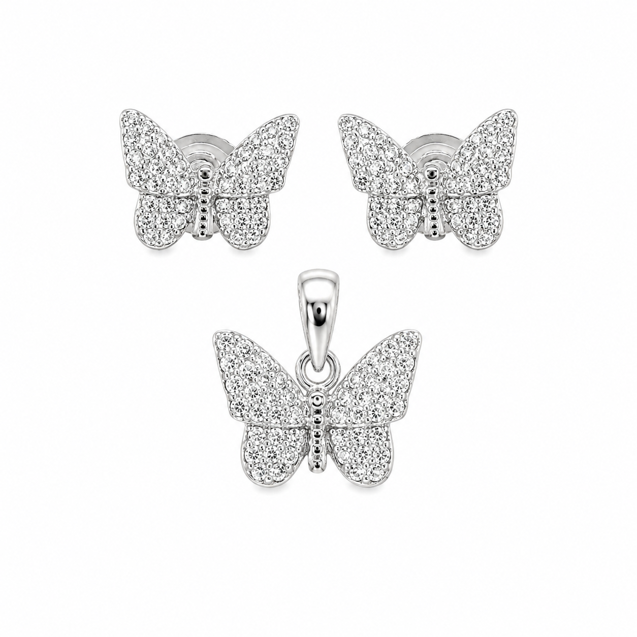 Sterling Silver CZ Butterfly Pendant & Earrings Set