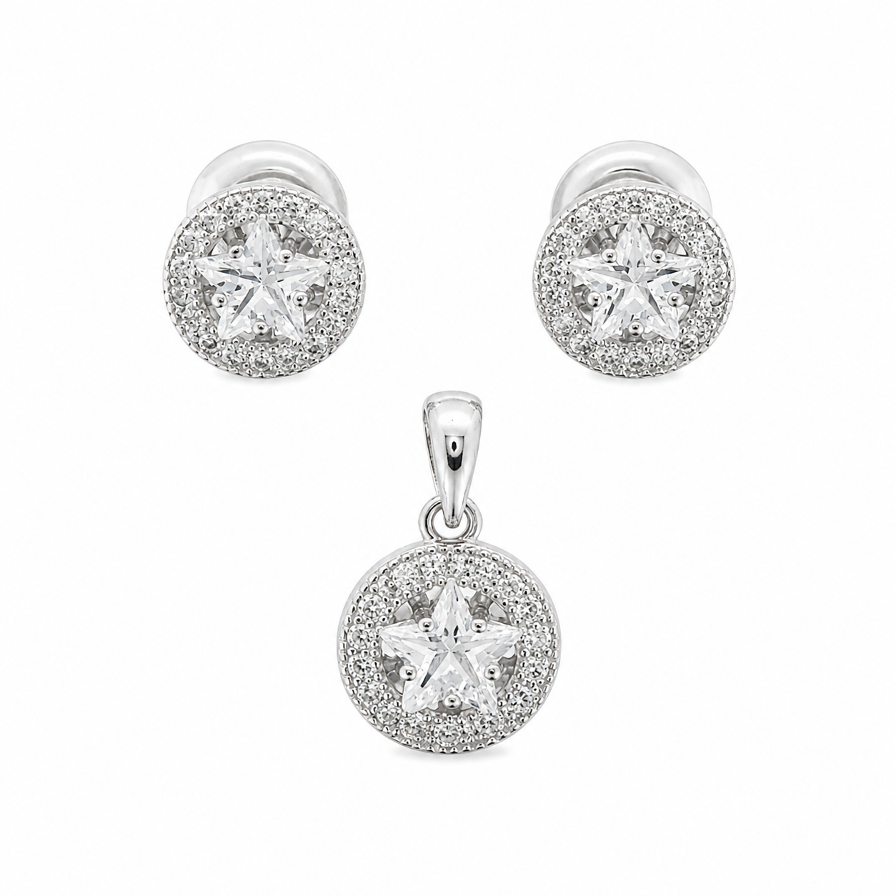Sterling Silver CZ Star Round Halo Pendant & Earrings Set