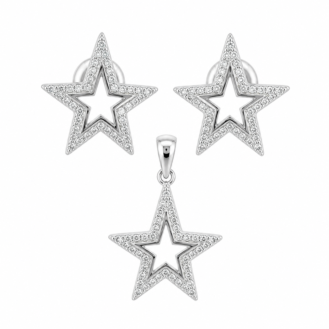 Sterling Silver CZ Star Pendant & Earrings Set