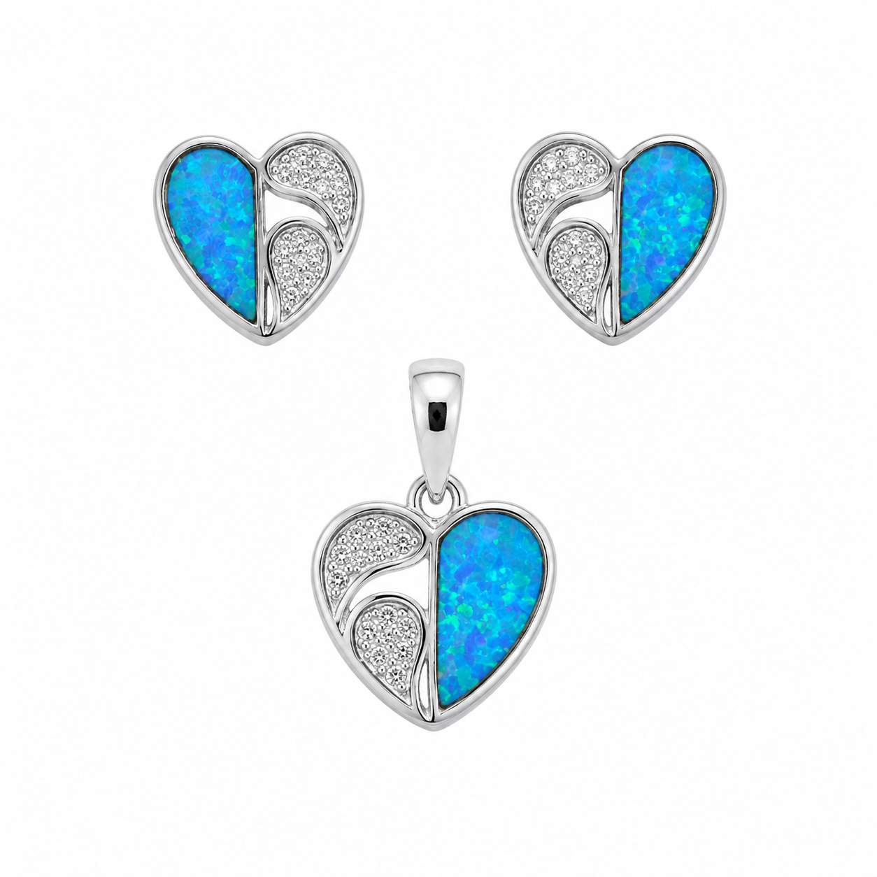 Sterling Silver CZ & Blue Opal Heart Pendant & Earrings Set