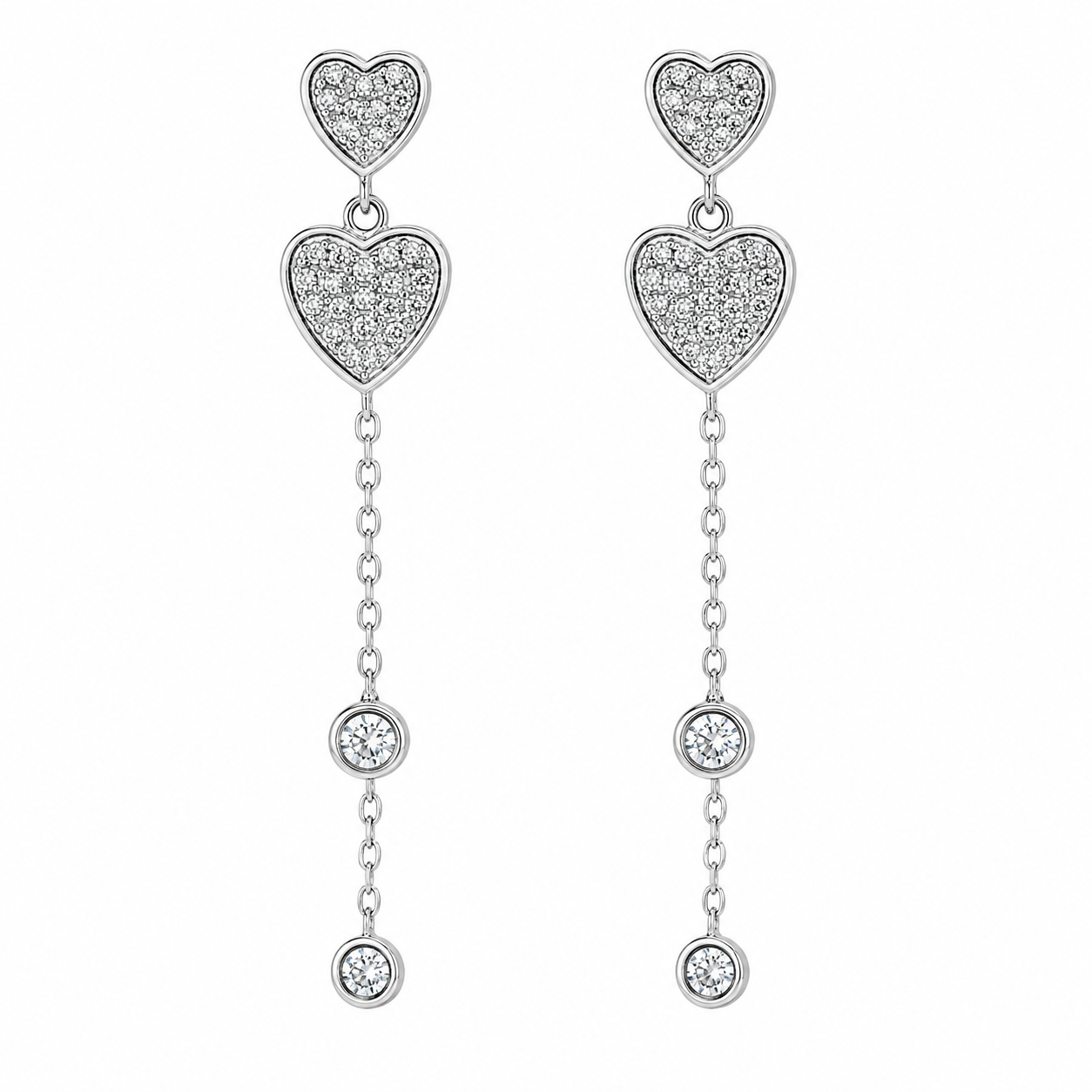 Sterling Silver Dangling CZ Pave Heart Earrings
