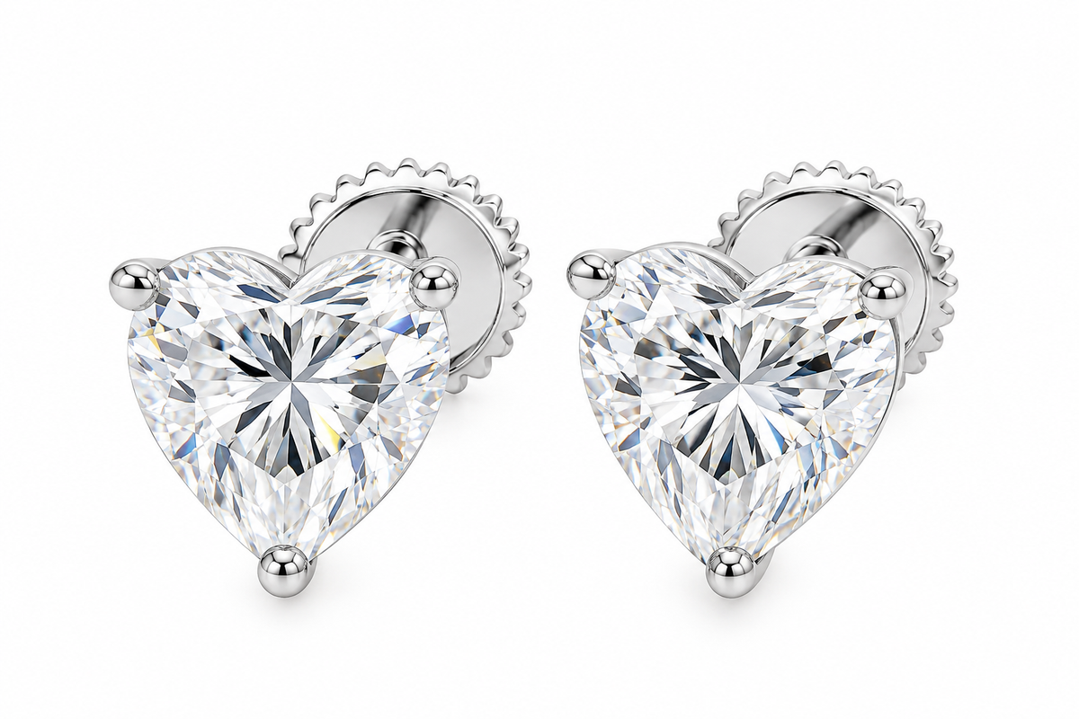 Sterling Silver Moissanite Heart Solitaire Screwback Earrings