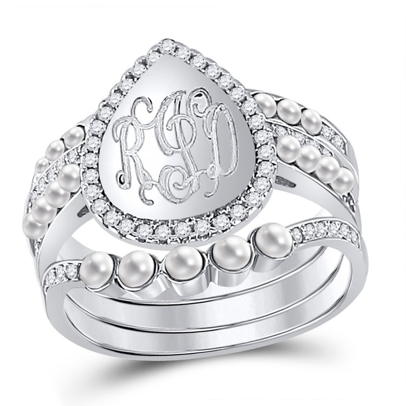 Sterling Silver Tear Drop Quad Band Engravable Ring Features CZ Stones and Pearls