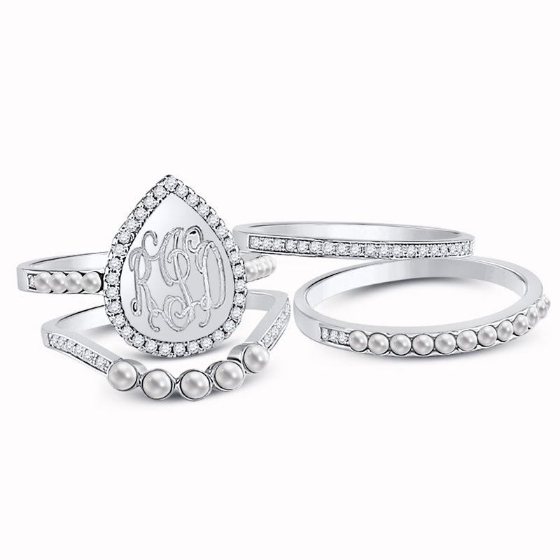 Sterling Silver Tear Drop Quad Band Engravable Ring Features CZ Stones and Pearls